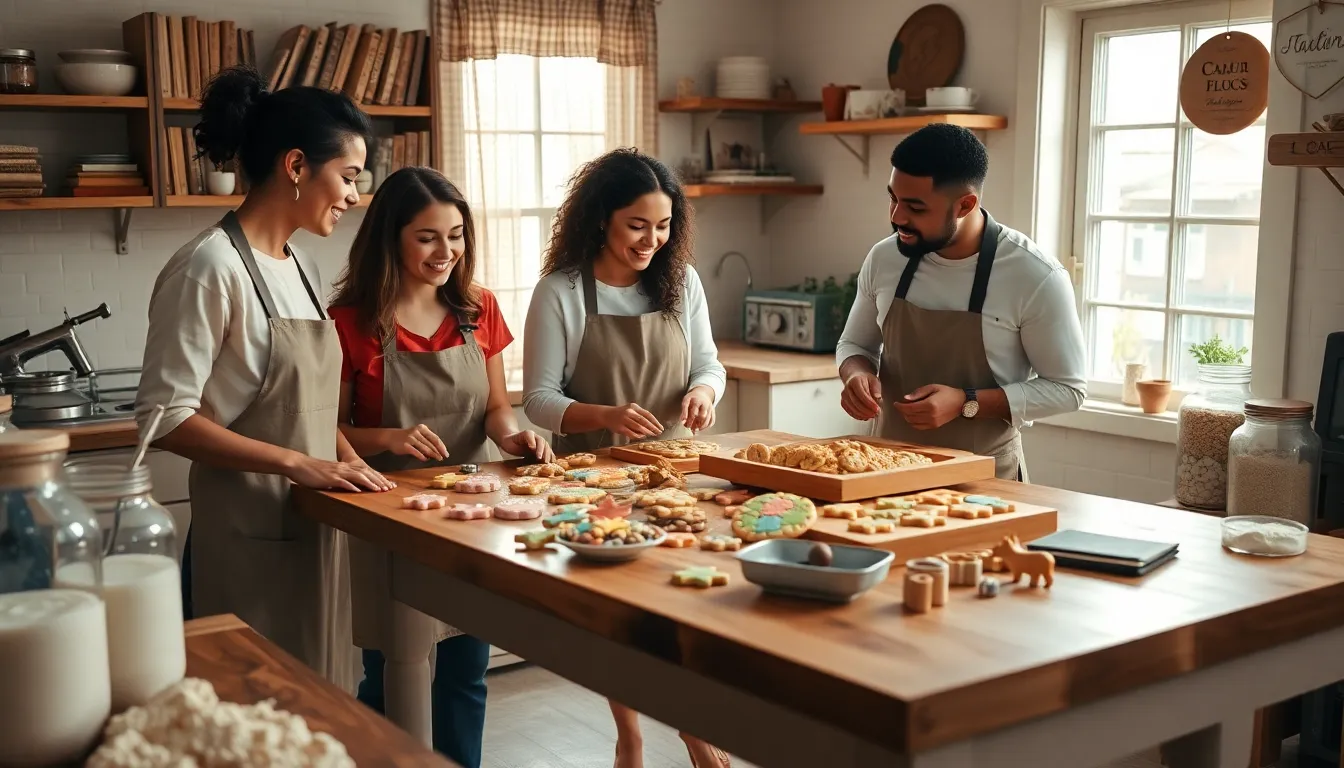 diverse group cooking cookies in a cozy kitchen setting.