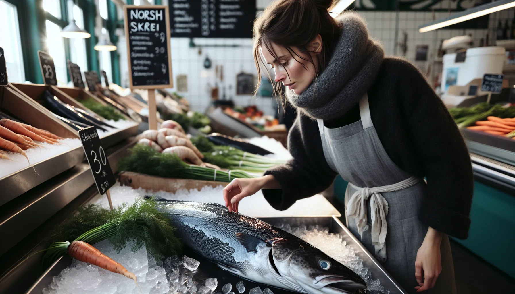 Woman inspects skrei and fresh dill at a norwegian winter market.