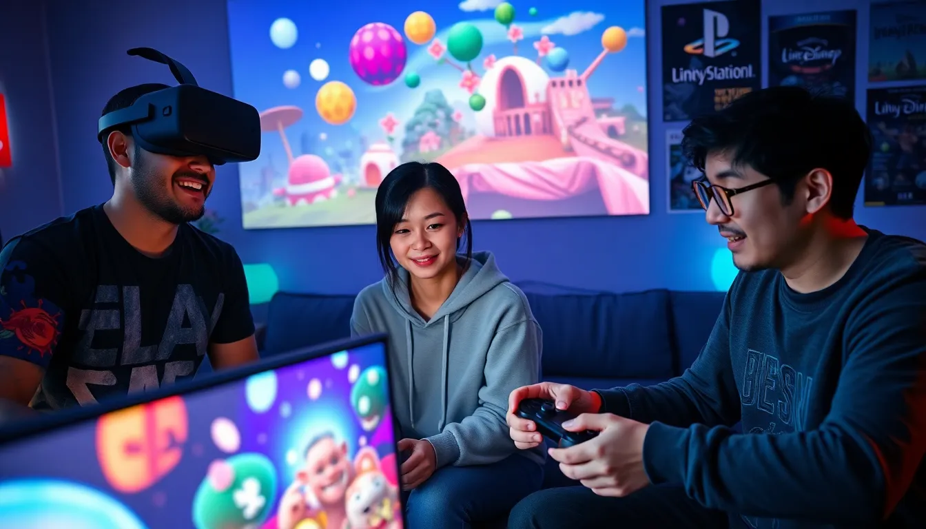 young gamers in a vibrant room playing PlayStation Imagineergames together.