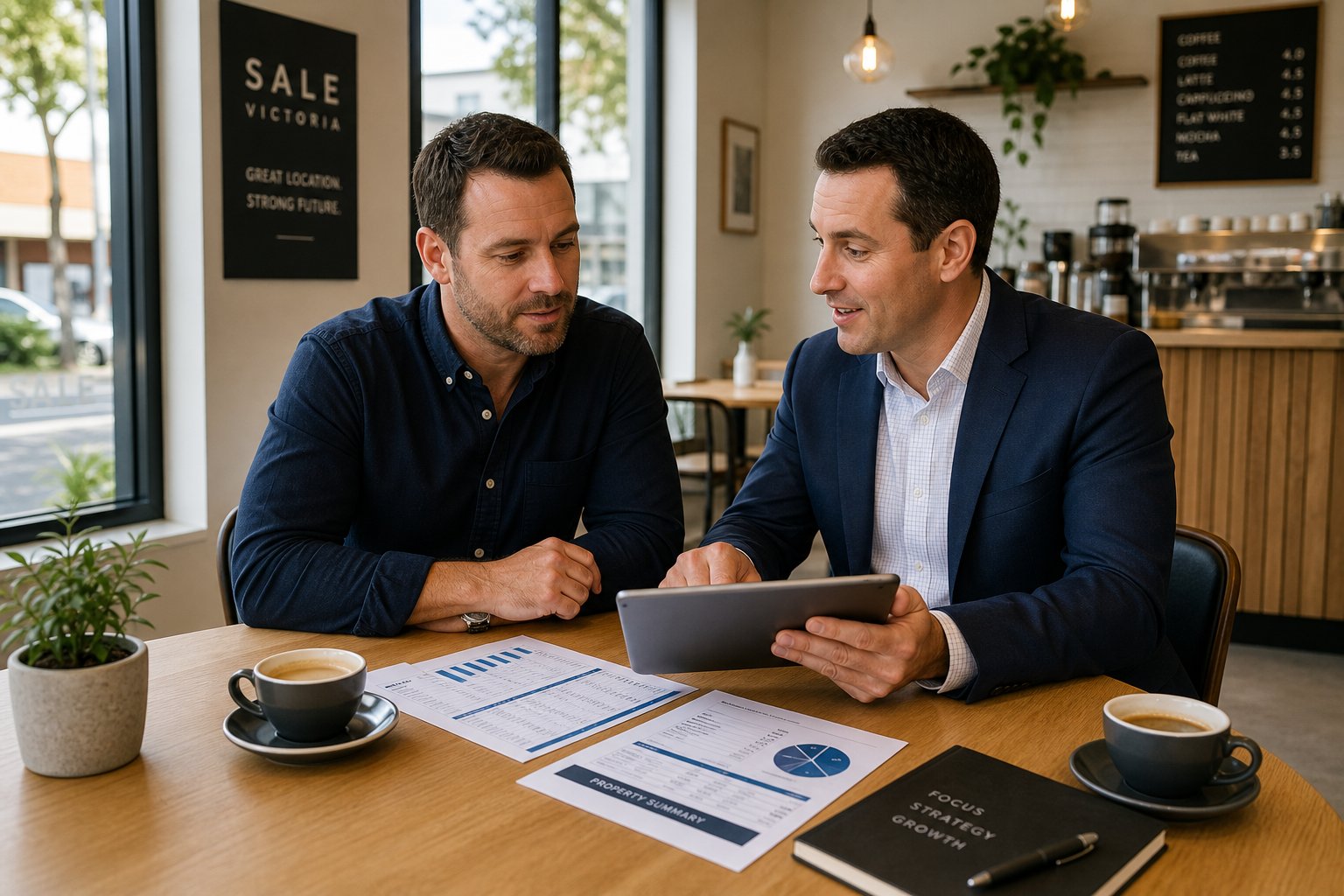 Investor and adviser discussing commercial mortgage options over a tablet in a bright meeting space.