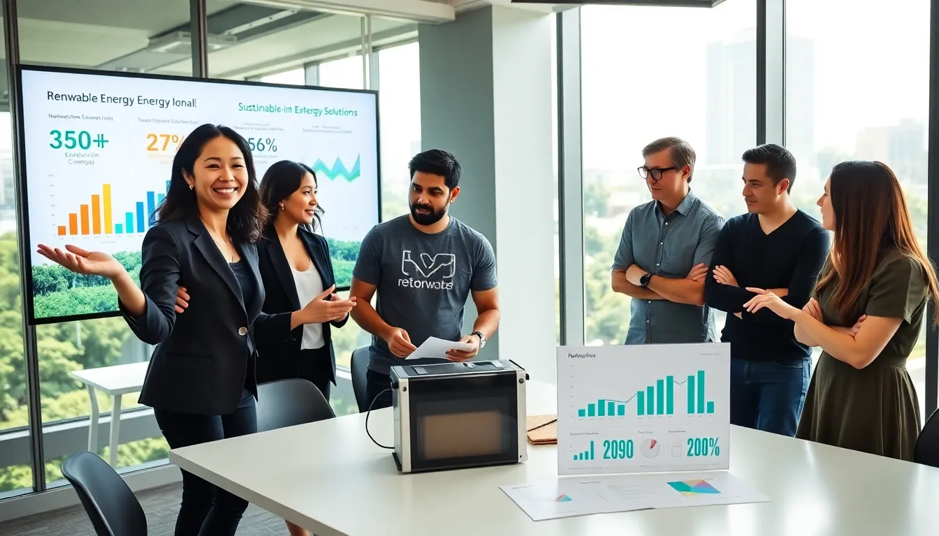 A diverse team discussing renewable energy solutions in a vibrant office.