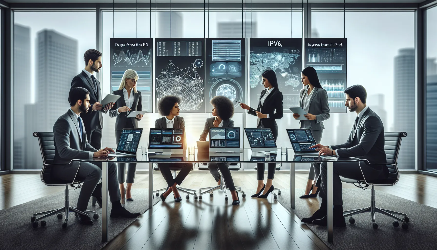 diverse IT professionals discussing IP addresses in a modern office.