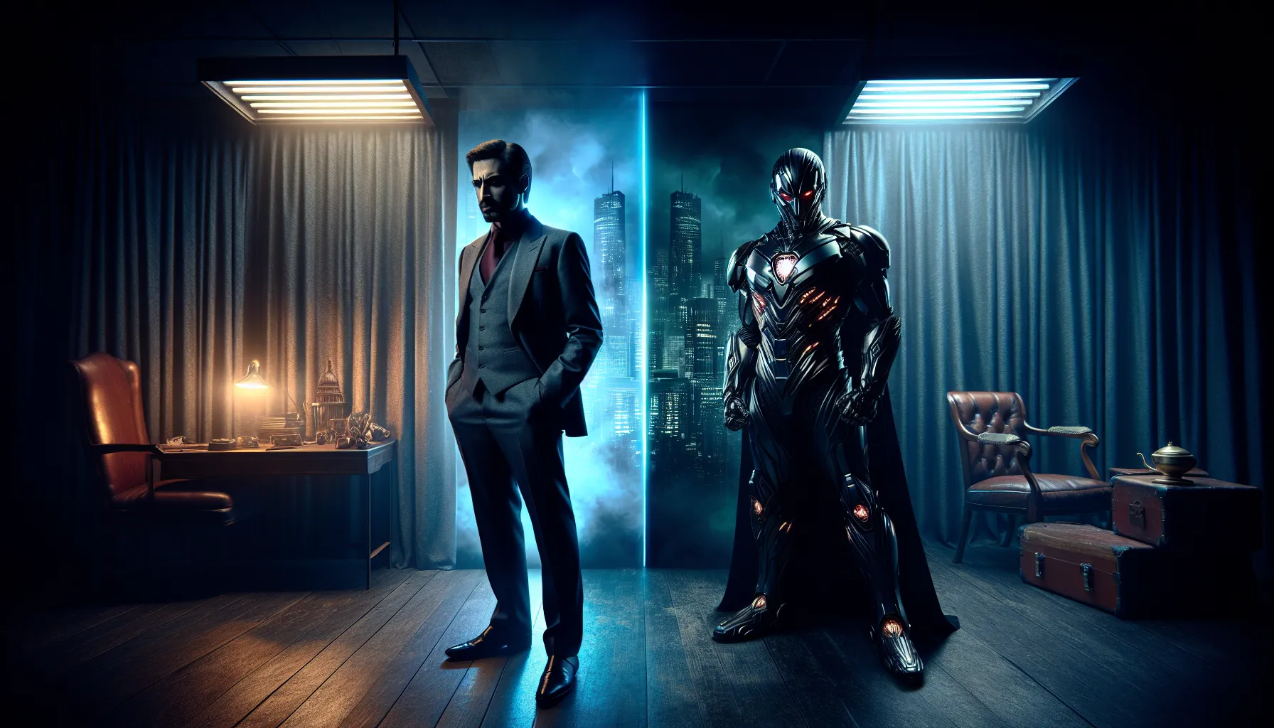 A villain and a supervillain facing off in a dramatic setting.