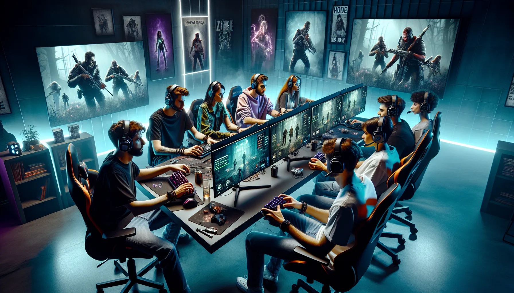 diverse gamers collaborating in a modern gaming setup.