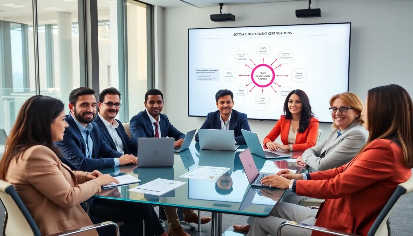 diverse team discussing software development certifications in a modern office.