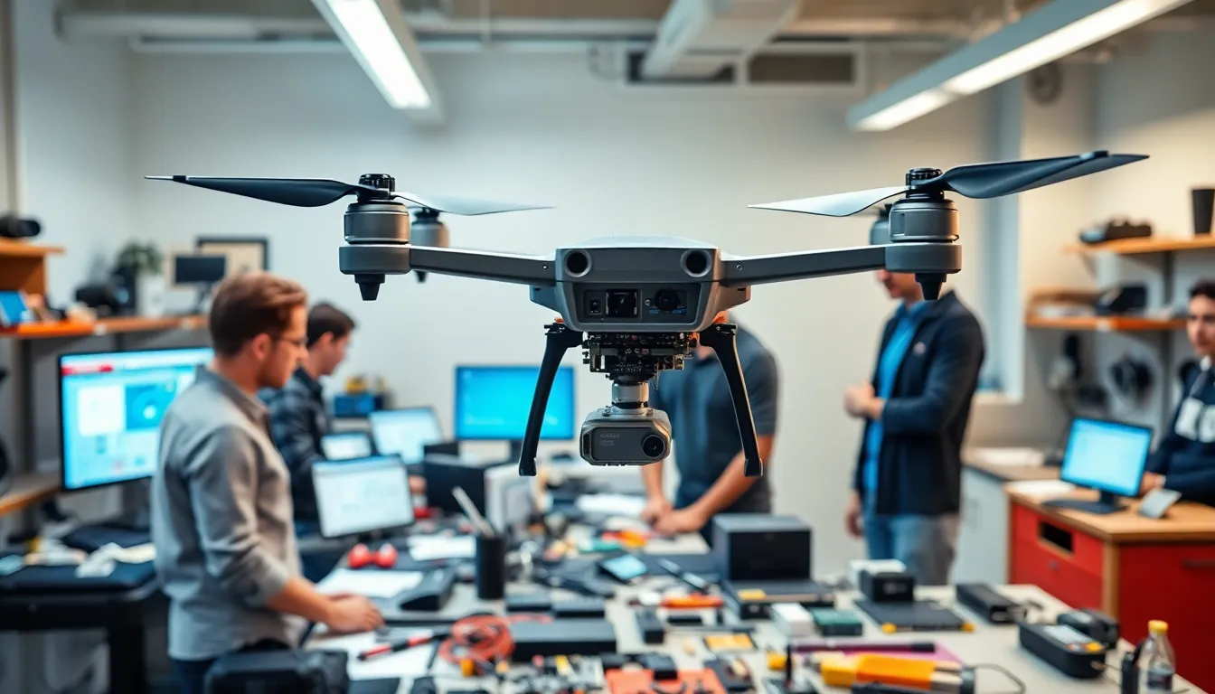 engineers working with a Raspberry Pi Zero drone in a tech lab.