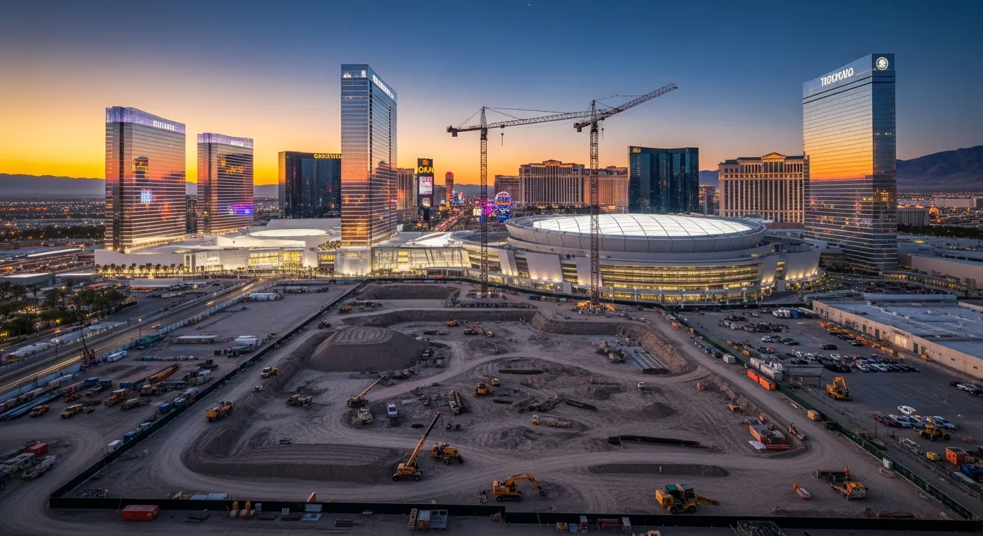 Aerial view of a massive Las Vegas Strip resort construction site at golden hour.