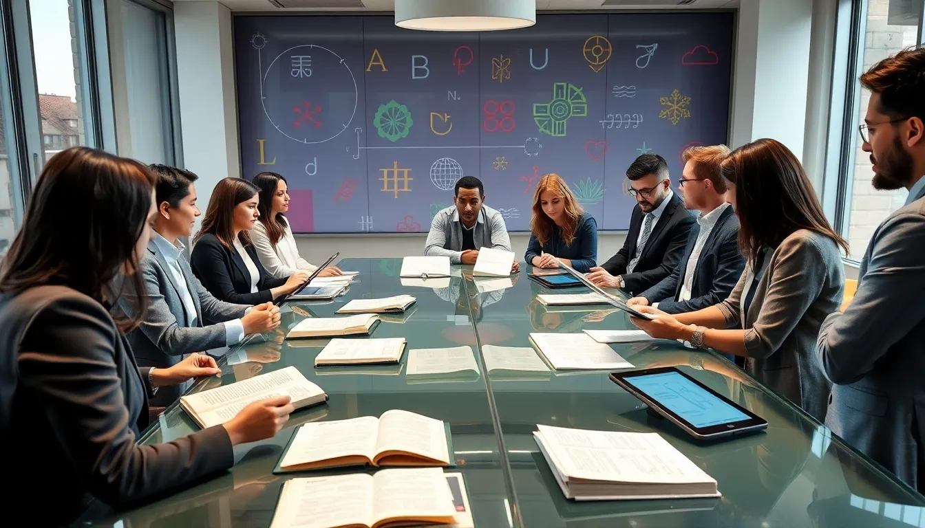 diverse linguists discussing language meaning in a modern office.