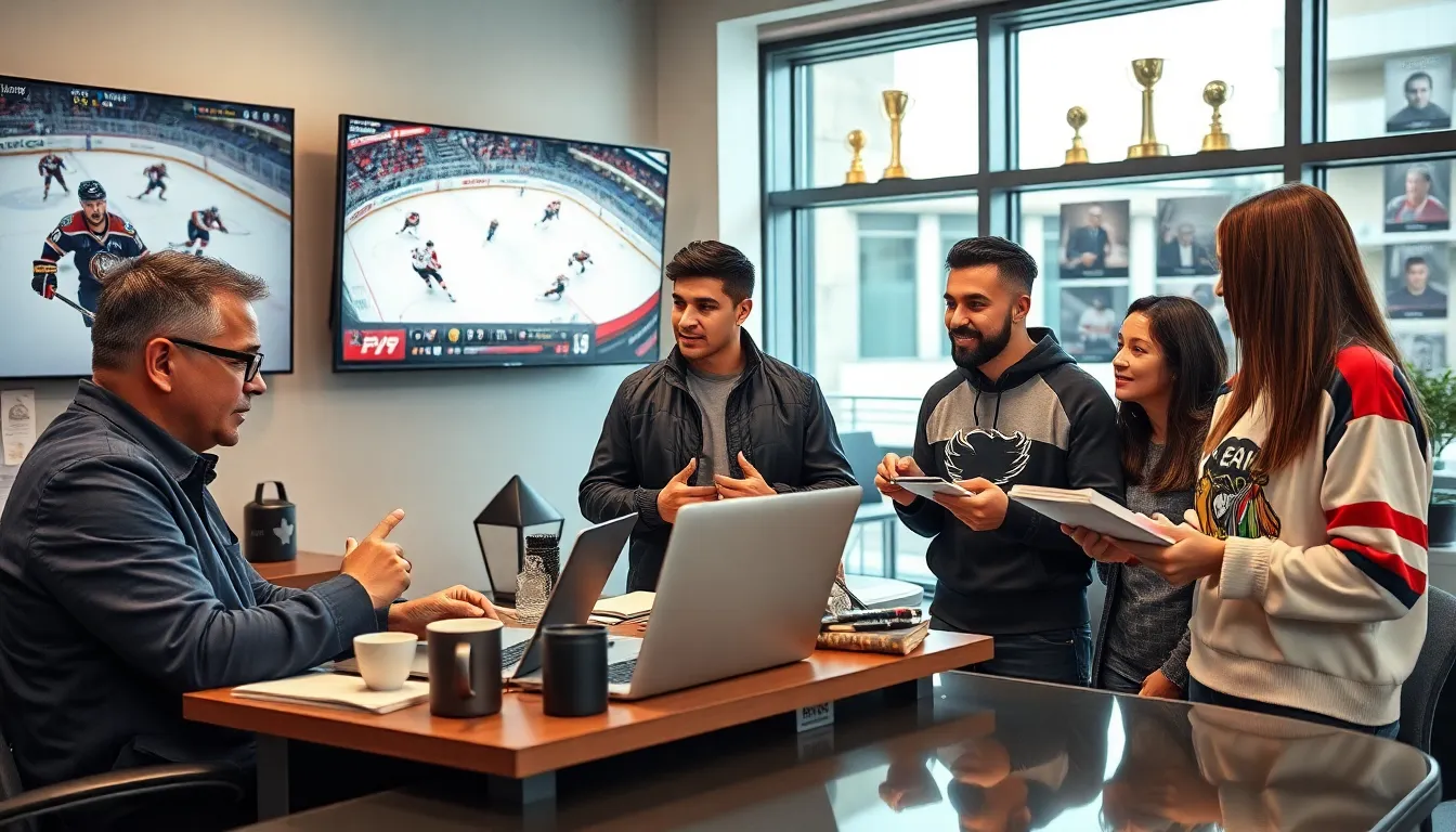 journalists discussing hockey news in a modern sports newsroom.