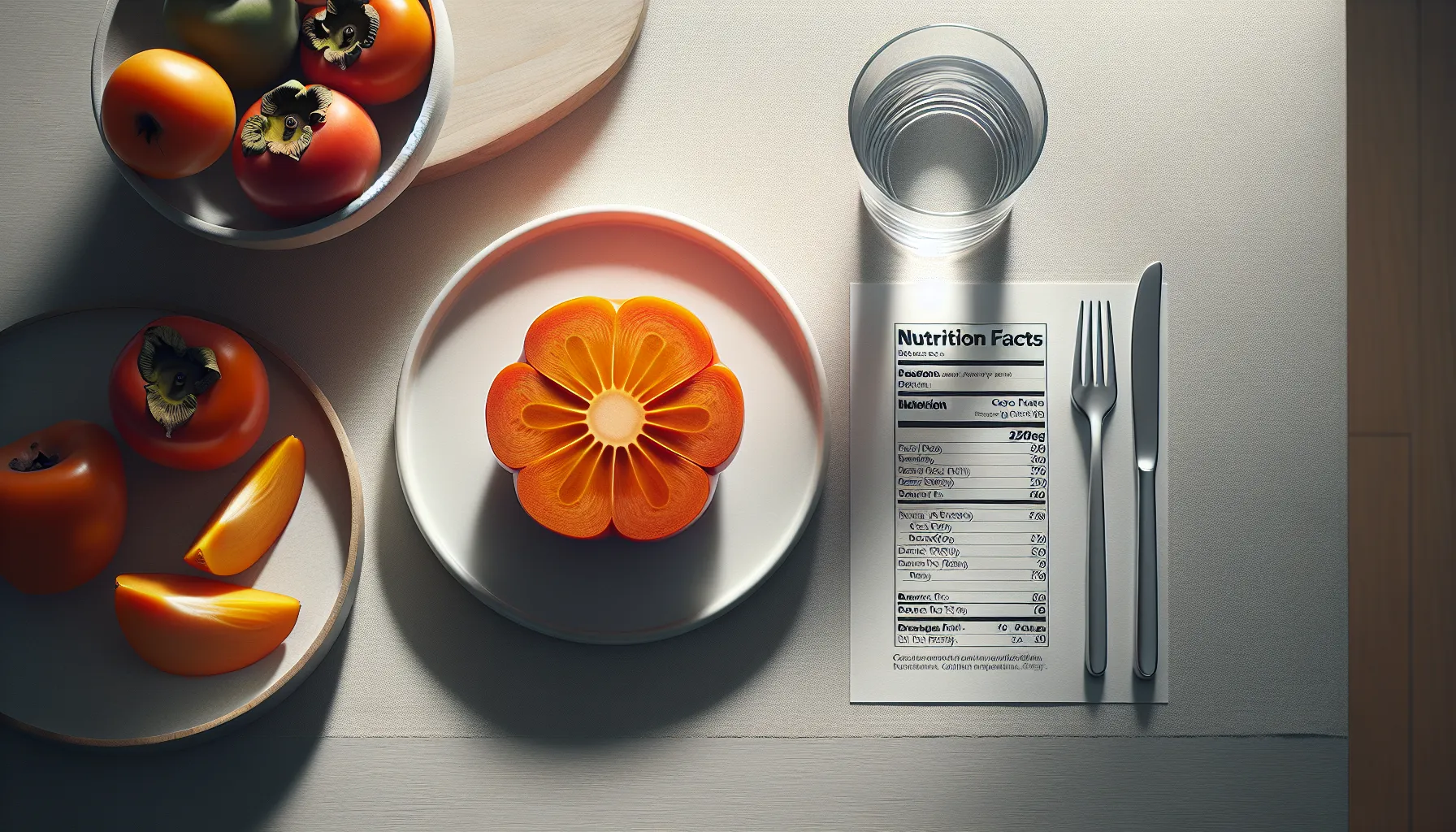 Sliced kaki fruit with nutrition chart on a modern table.