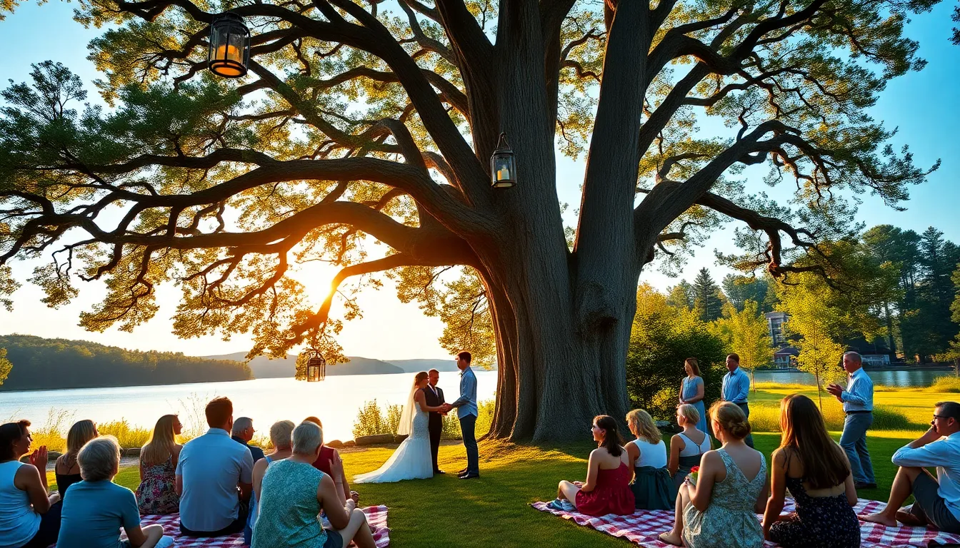 couple exchanging vows at a summer camp wedding in nature.