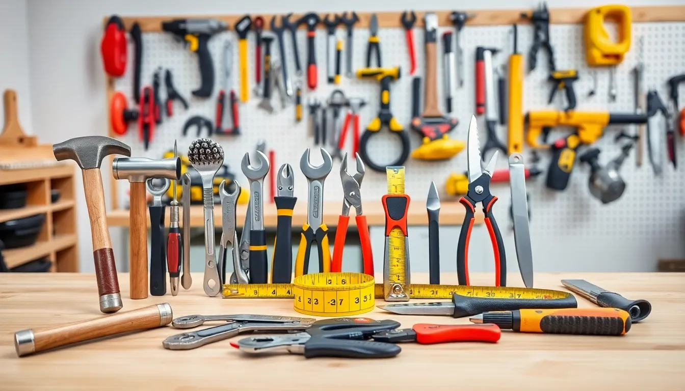 organized workshop with essential hand tools on a workbench.