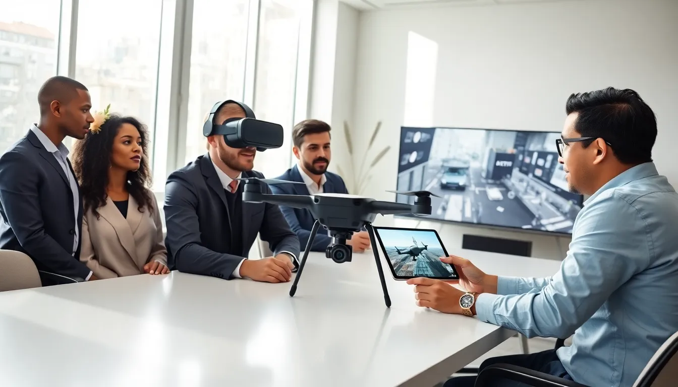 professionals collaborating on drones and VR technology in a modern office.