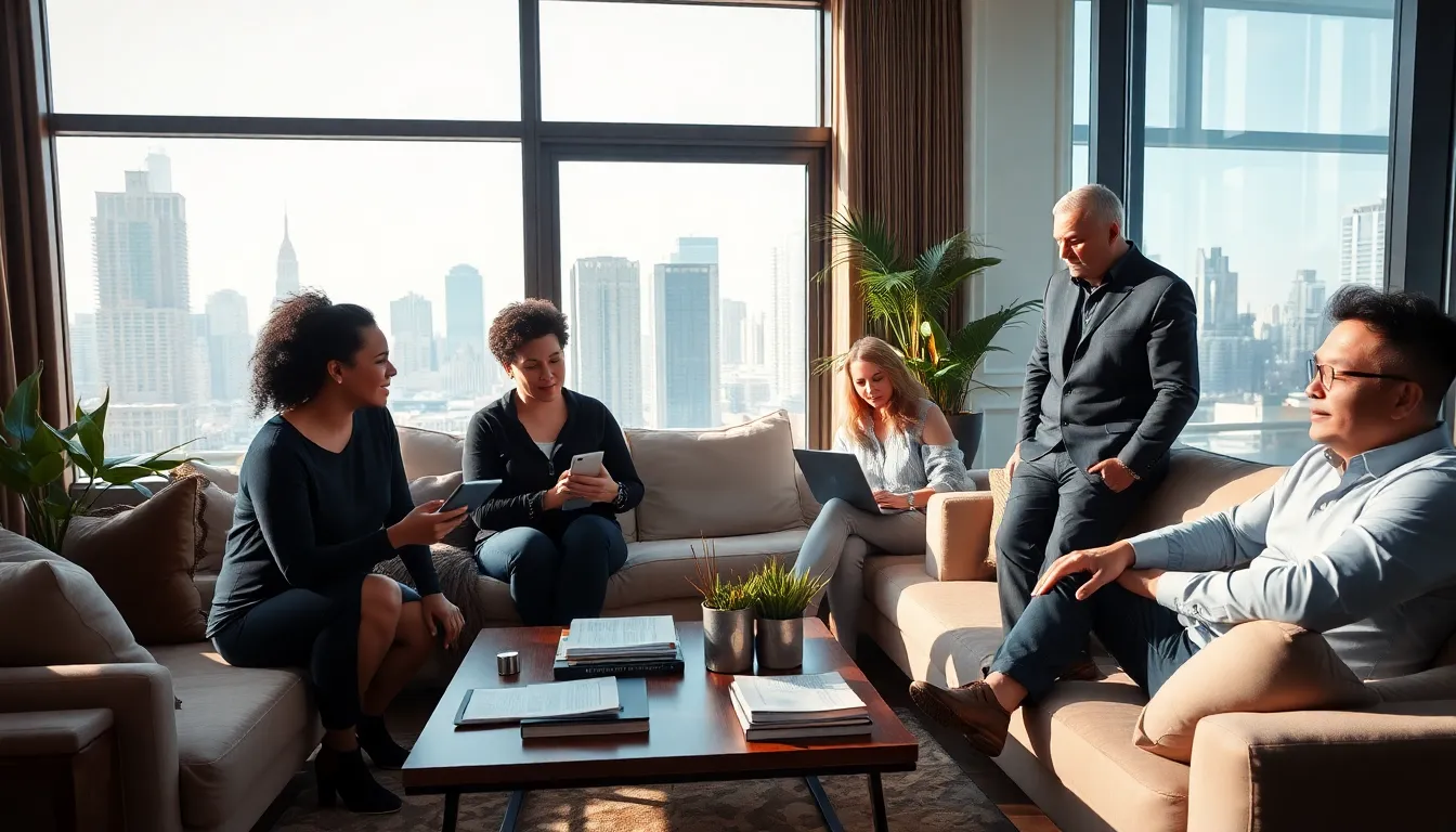 diverse professionals discussing serialized storytelling in a modern living room.