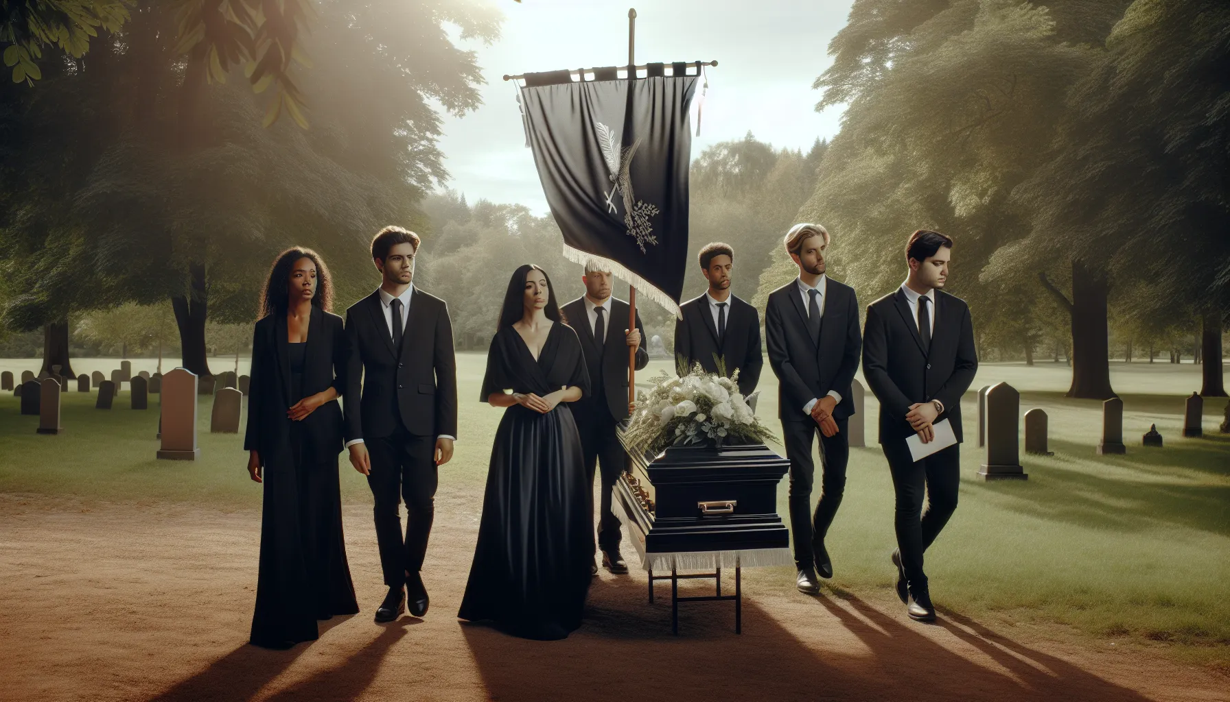 mourners walking behind a funeral procession flag in a serene park setting.