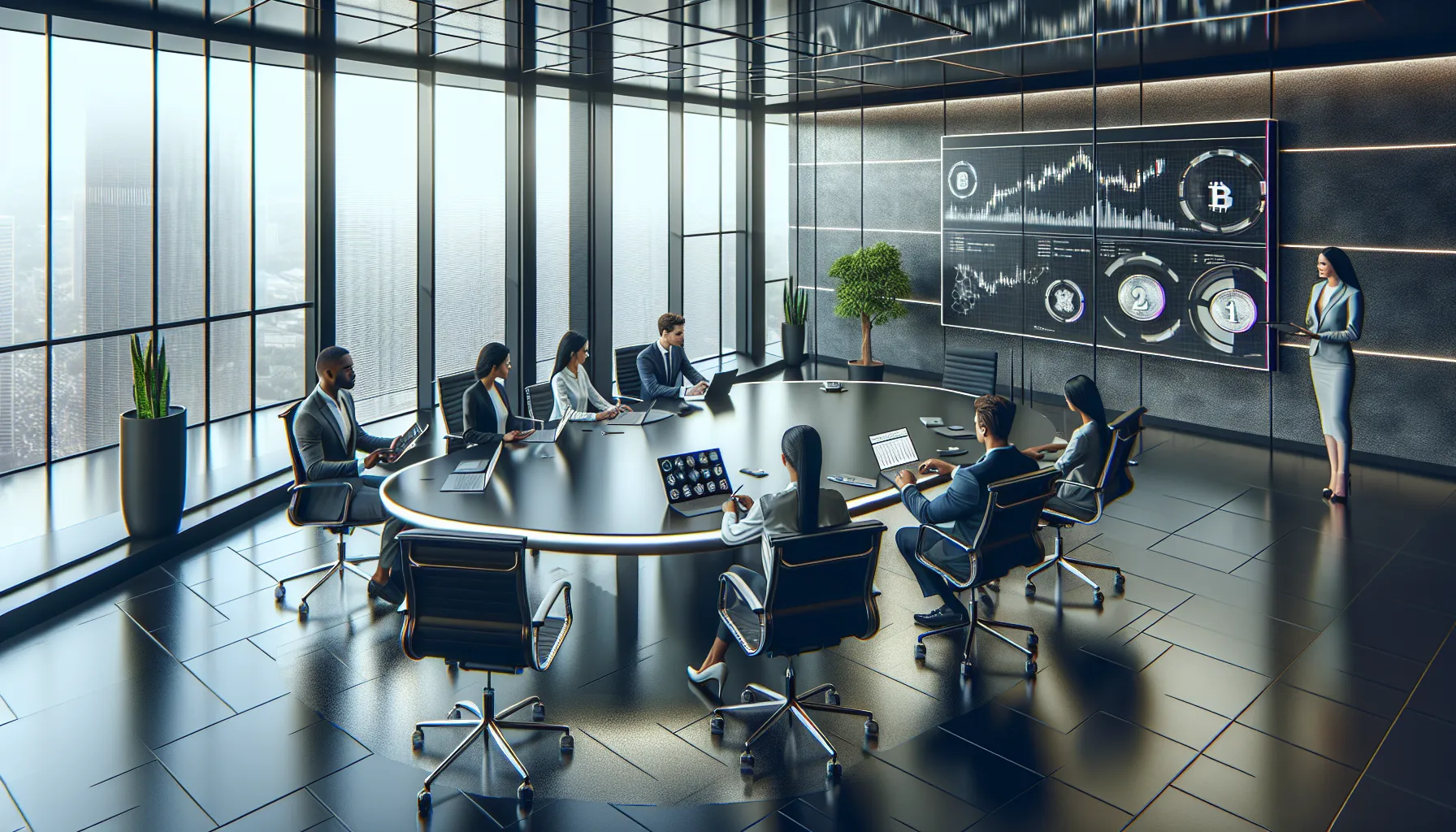 diverse professionals discussing cryptocurrency investment in a modern office.