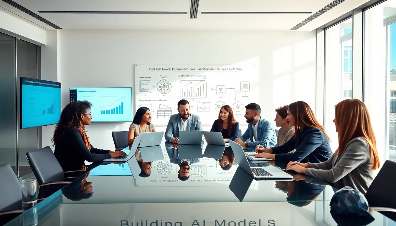 diverse team discussing AI model development in a modern office.