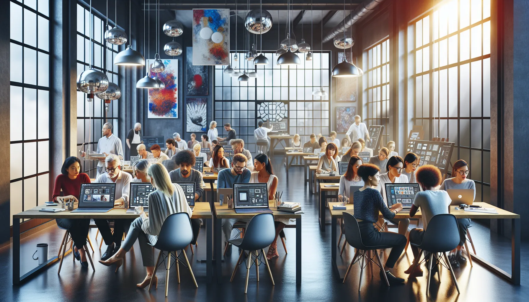 diverse group learning Photoshop in a modern classroom.