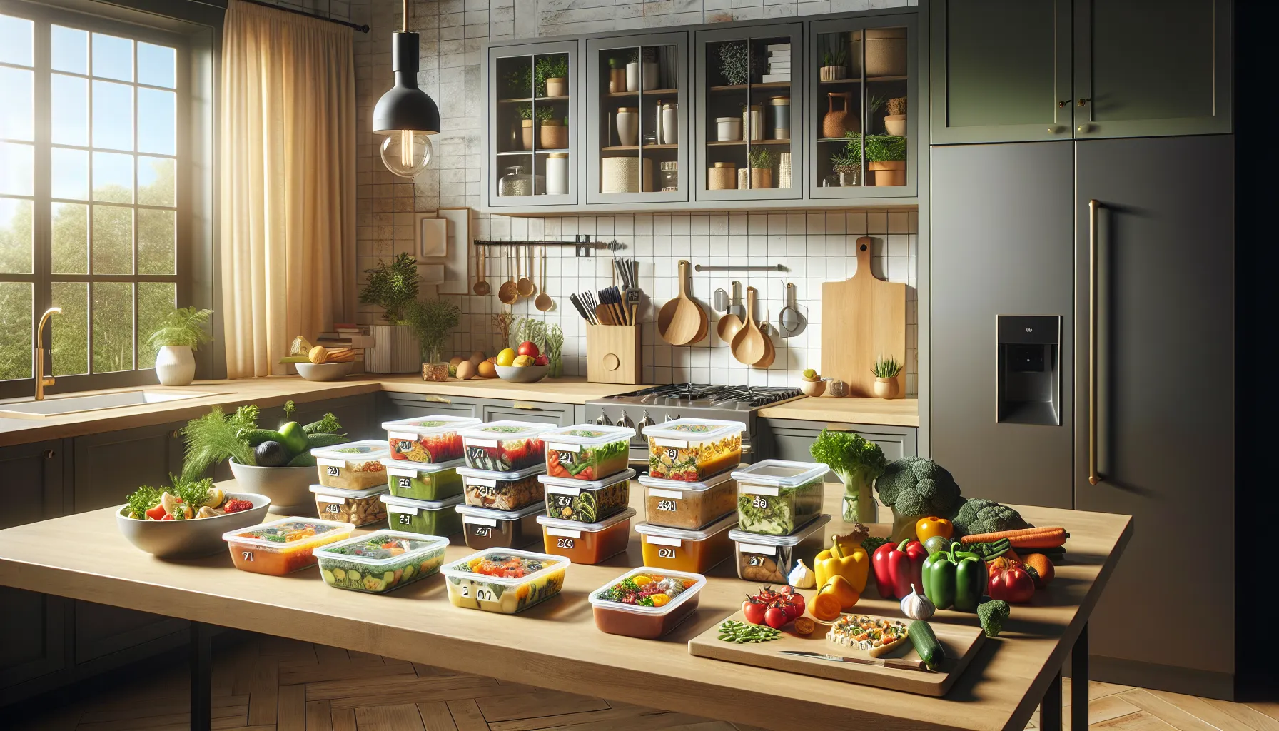 a modern kitchen with neatly stored meal prep in glass containers.