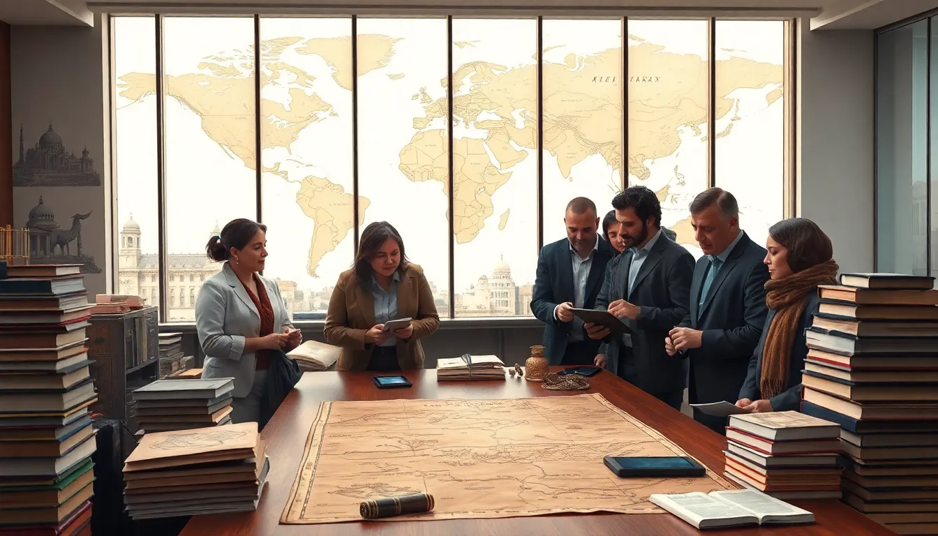 diverse scholars discussing Shardavidian history in a modern office.