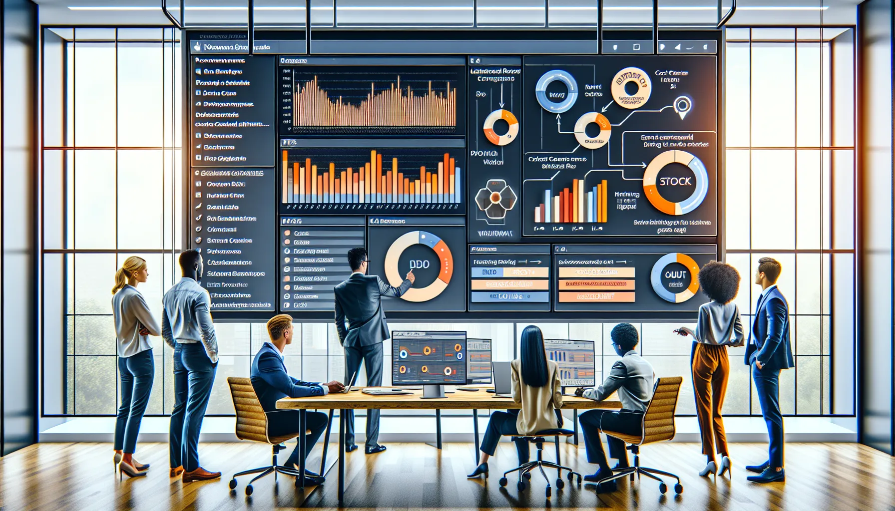 Data team managing automated Power BI report bursting and scheduling in a modern office.