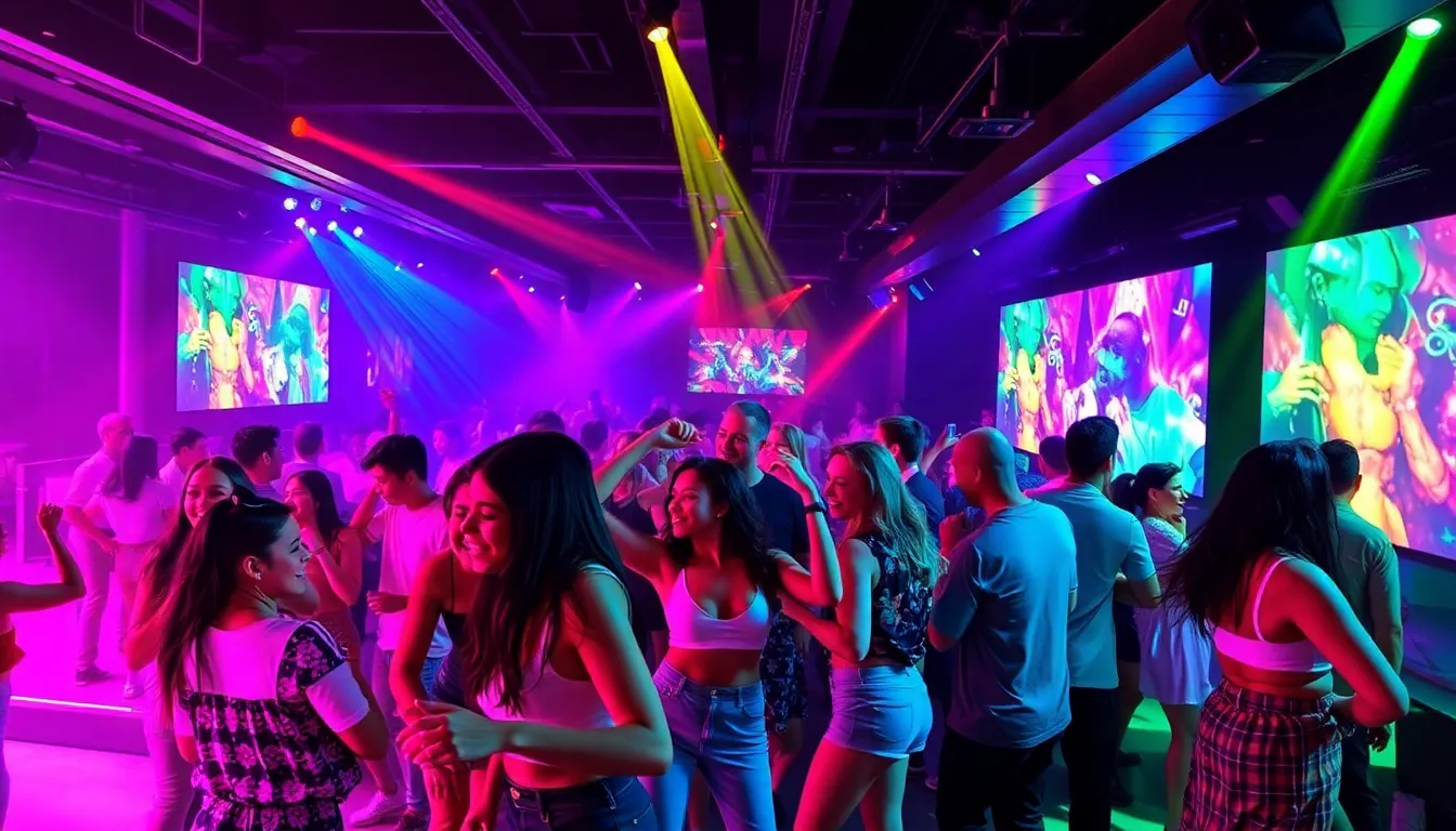 diverse group dancing in a vibrant nightclub atmosphere.