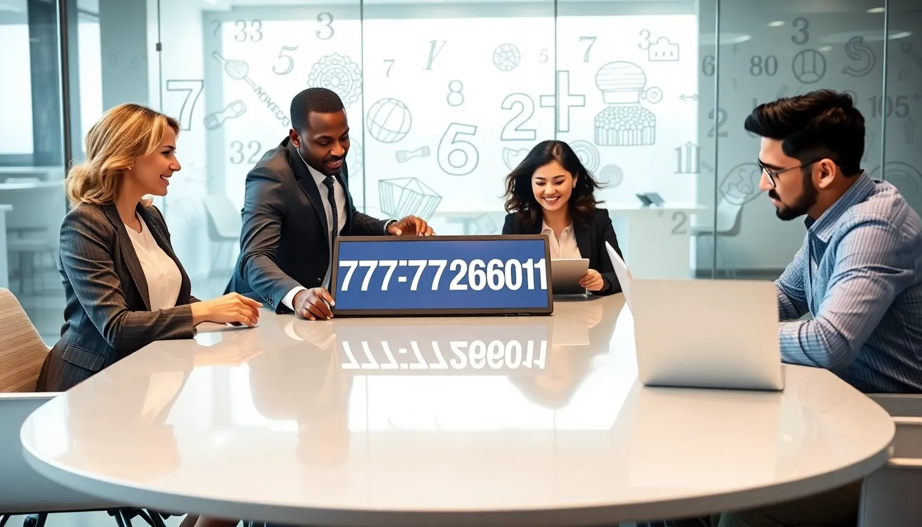 diverse team discussing the significance of the number 7787726201 in an office.