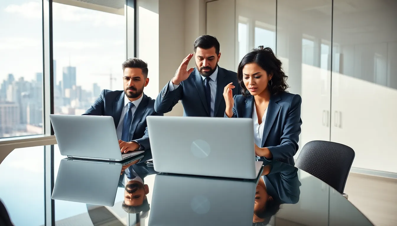 professionals discussing cloud computing issues in a modern office setting.
