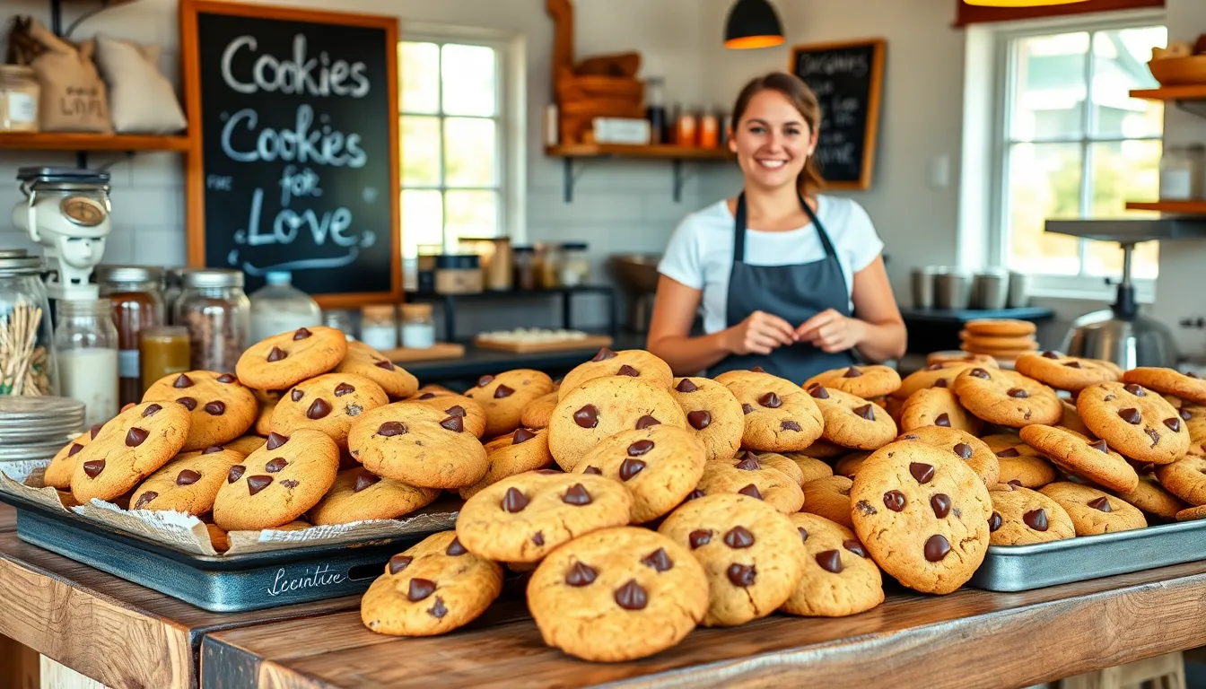 a bakery display with assorted cookies and a smiling employee.