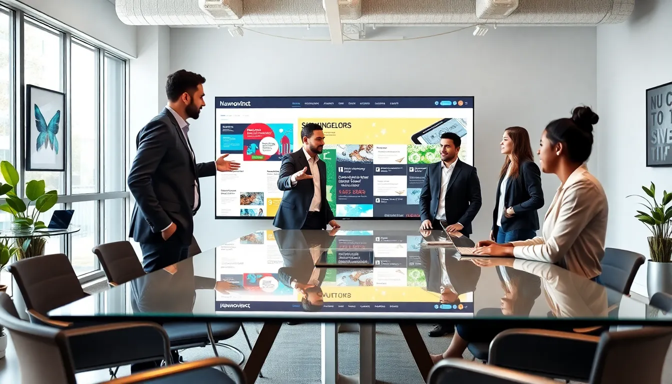 team discussing innovations in a modern workspace.