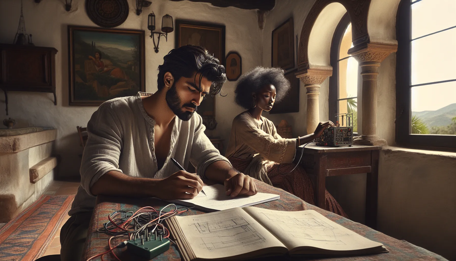 Two individuals showcasing contrasting approaches to learning a task in a Spanish workspace.