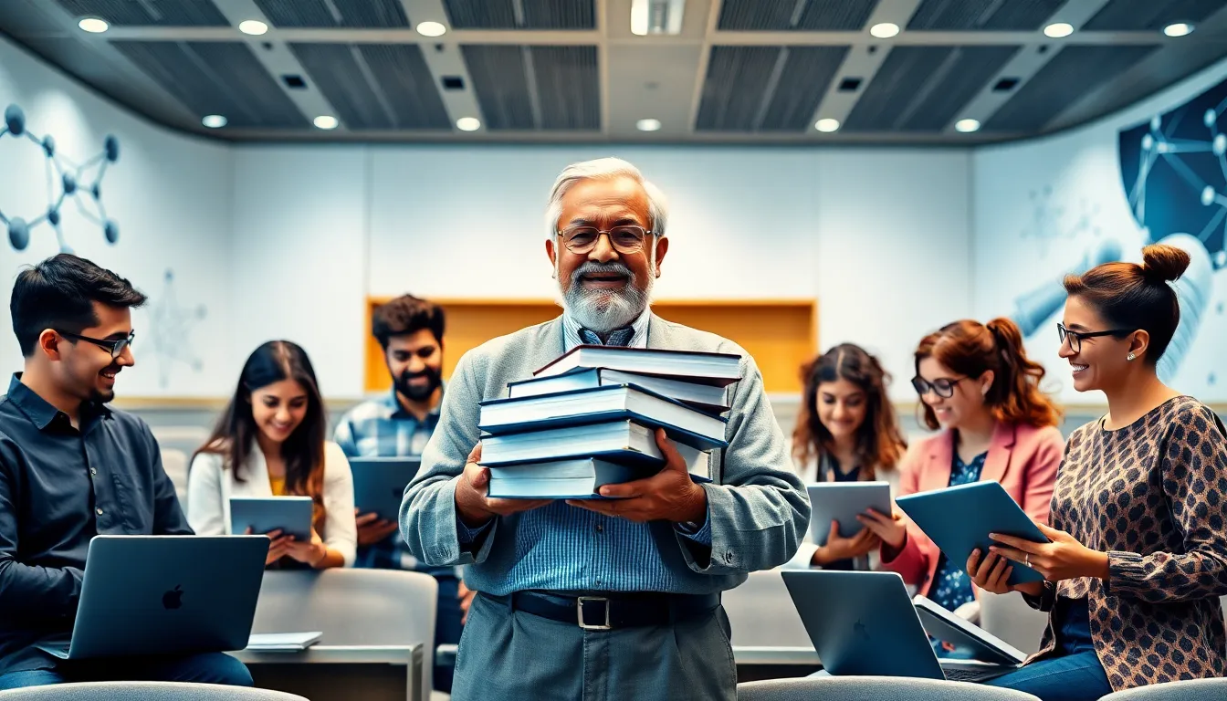 Mohammad Abdul Salam with diverse young scientists in a modern academic setting.
