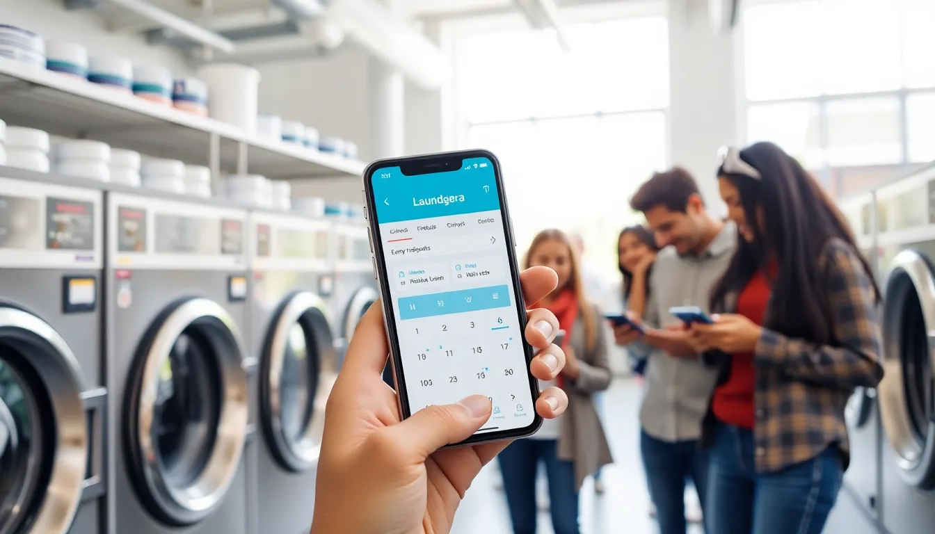 smartphone displaying Laundgera app for laundry service scheduling.