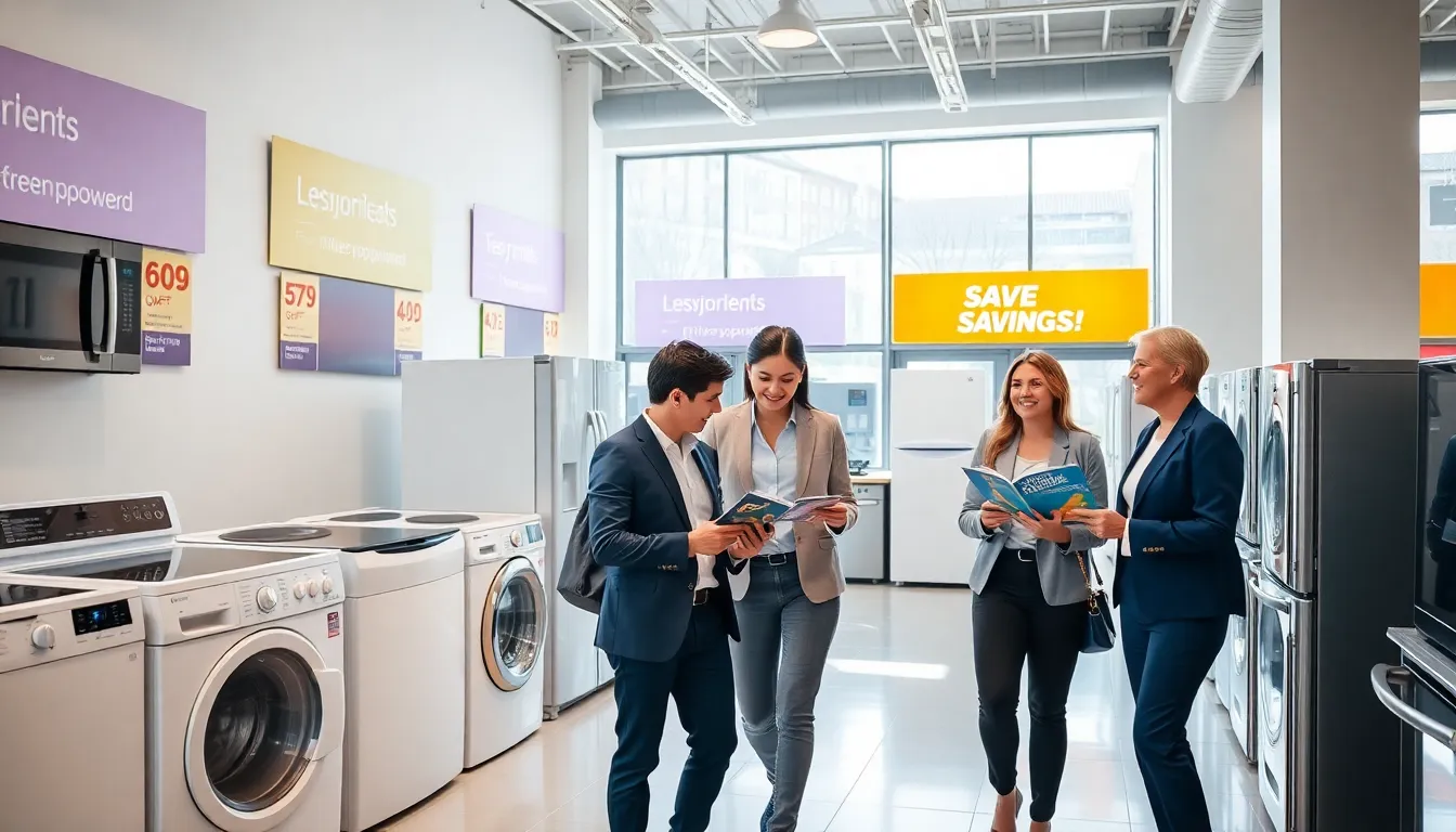 diverse shoppers exploring discount appliances in a modern store.