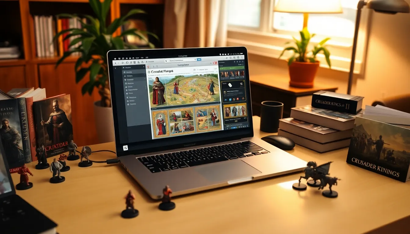 A laptop displaying CK2Generator for creating game content in a cozy office.