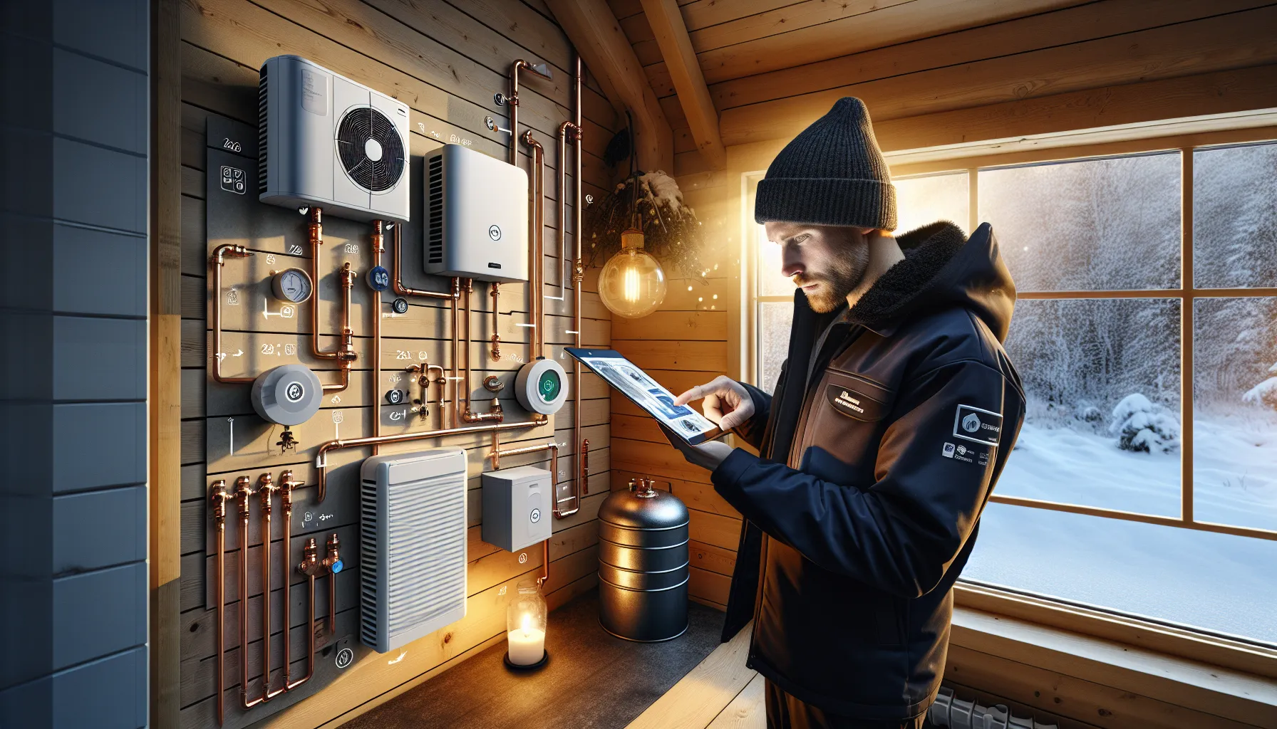 Hvordan velge riktig varmepumpe for fritidsboligen din 3 Installer shows cabin owner heat pump options on a tablet in snowy norway.