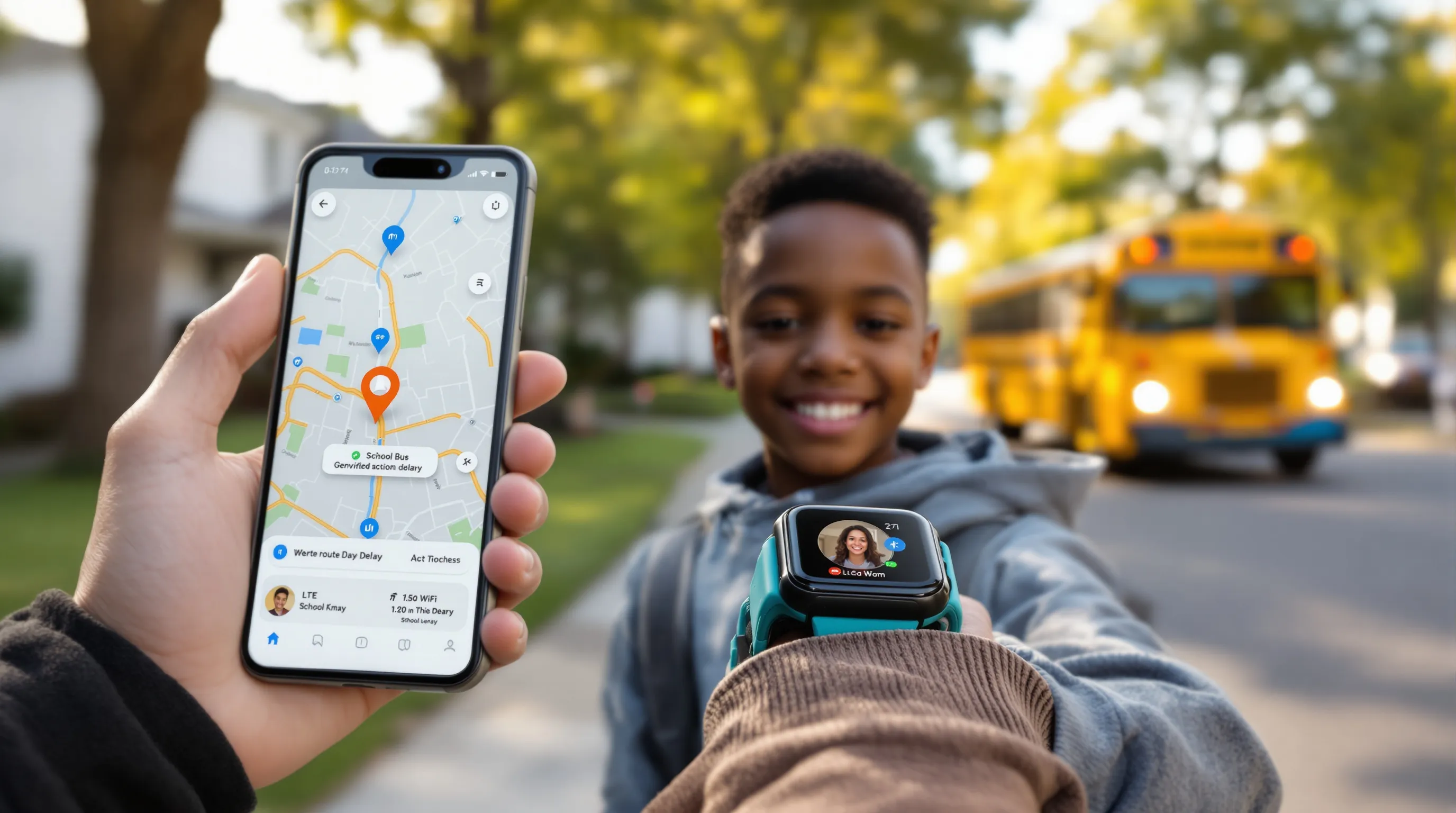 Child uses TickTalk 5 GPS smartwatch as parent checks location history app.
