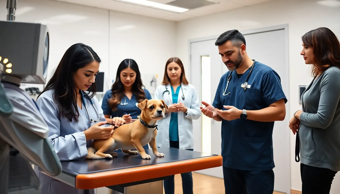 three veterinary technicians assisting in a modern clinic.