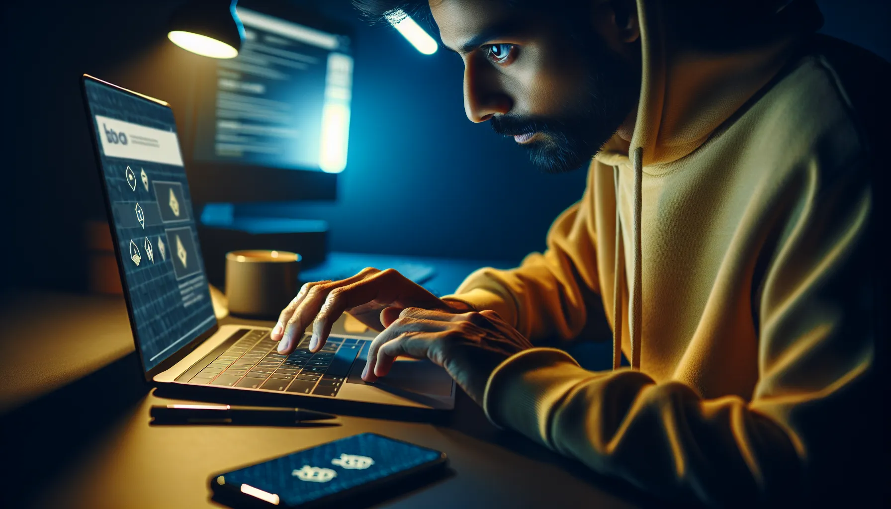Person carefully reviewing cryptocurrency airdrop website on laptop with cautious expression.