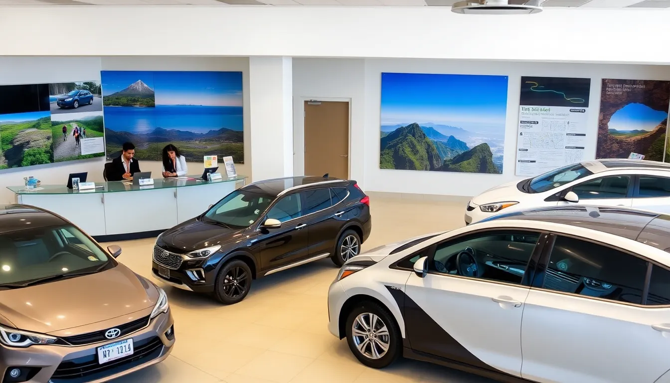 car rental office in Costa Rica with diverse staff and vehicle options.