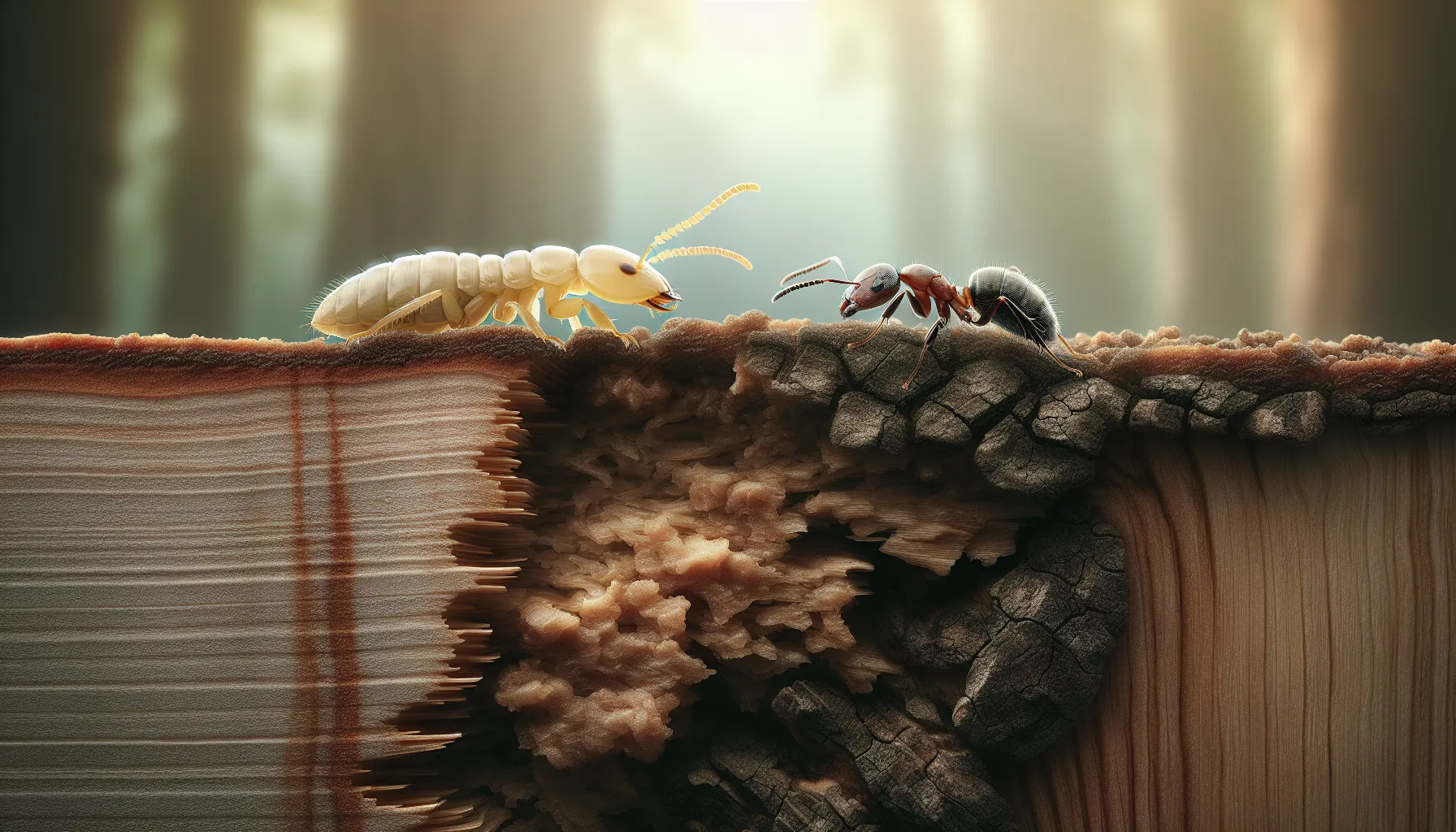 A termite and a carpenter ant shown on tree bark in a natural forest setting.