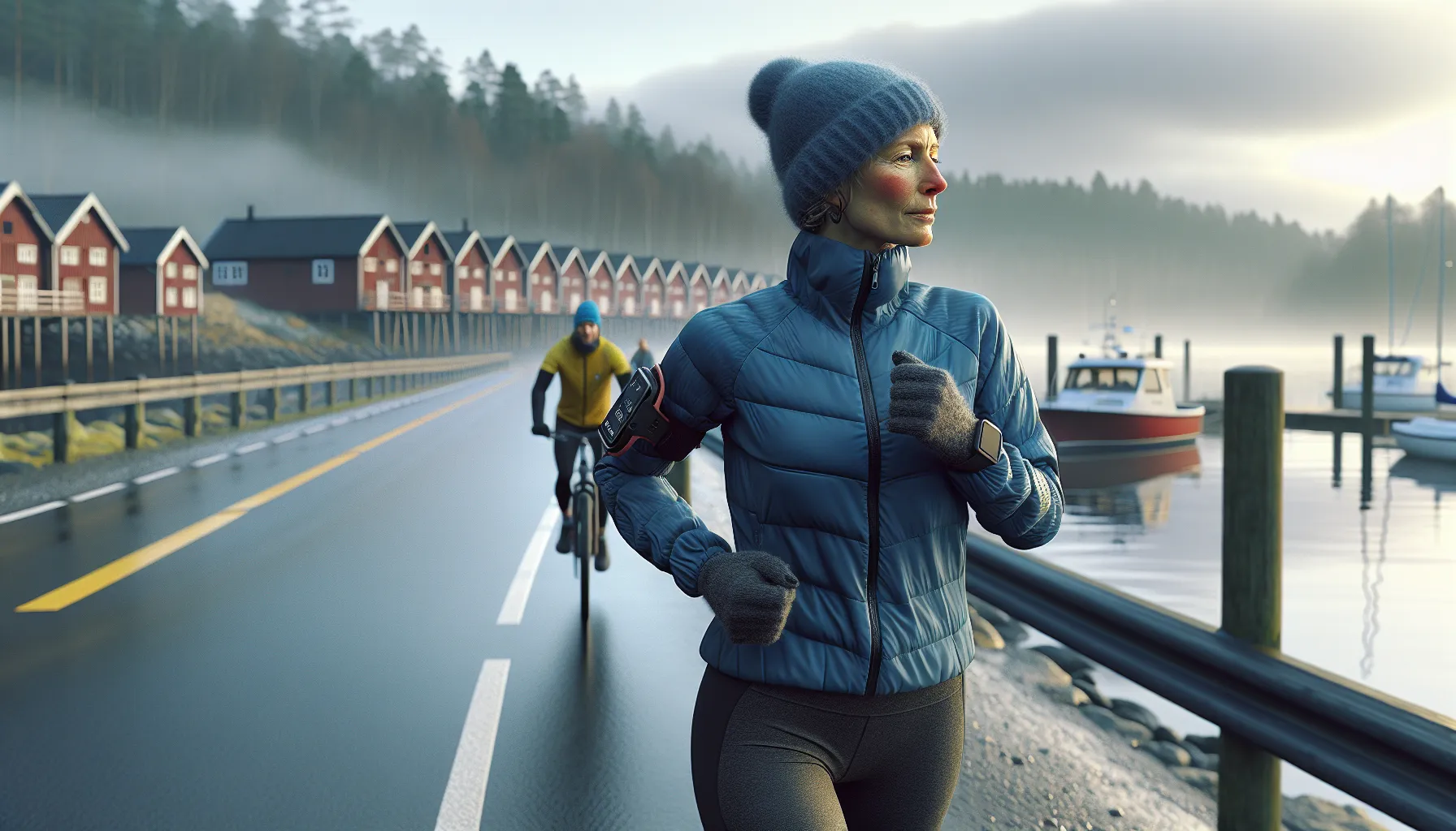 Middle-aged woman brisk walking by a norwegian fjord, cyclist in background.