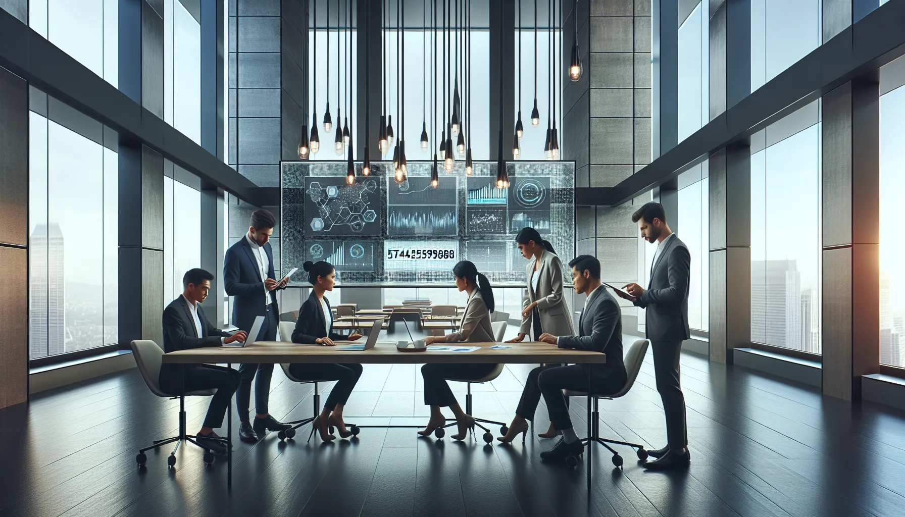 diverse team collaborating on data analysis in a modern office.