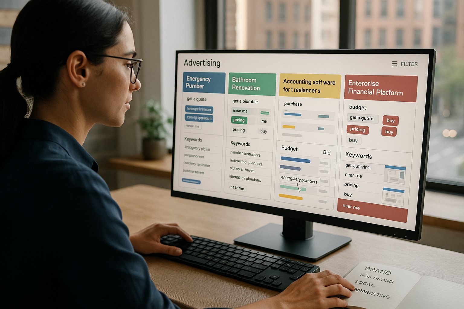 Marketing specialist organizing high-intent PPC keywords into focused advertising campaigns.