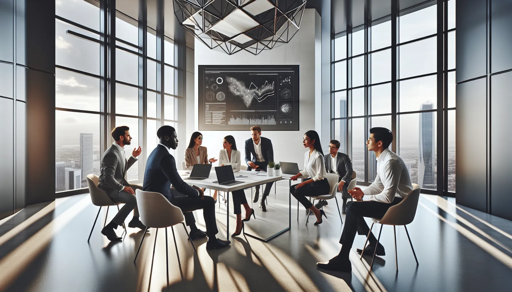 business team collaborating in a modern office setting.