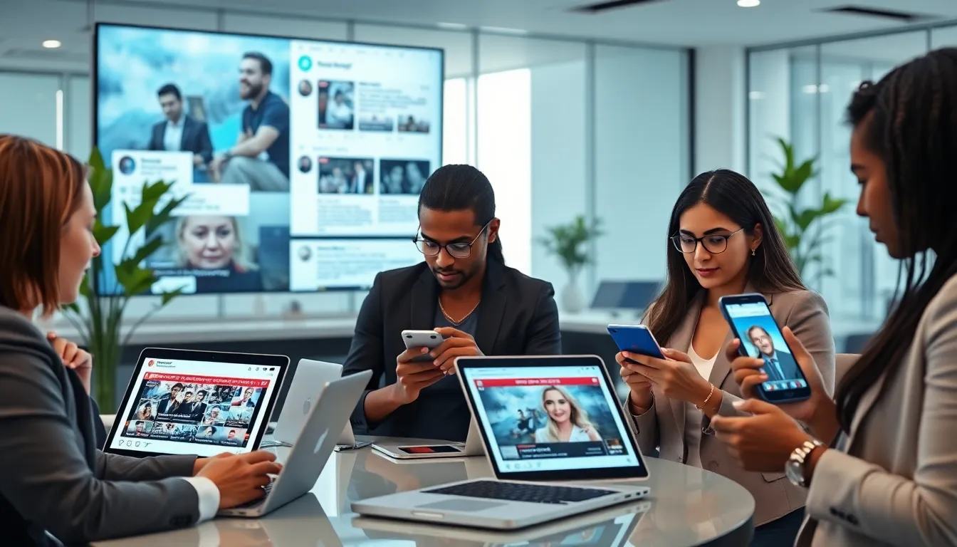 diverse professionals engaging with social media news in a modern office.