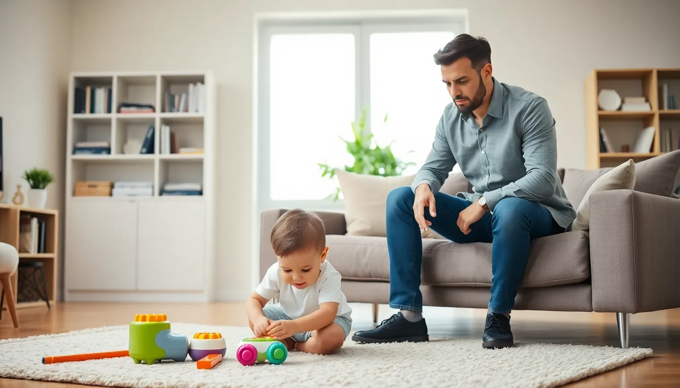 Parent observing child playing in a modern living room.