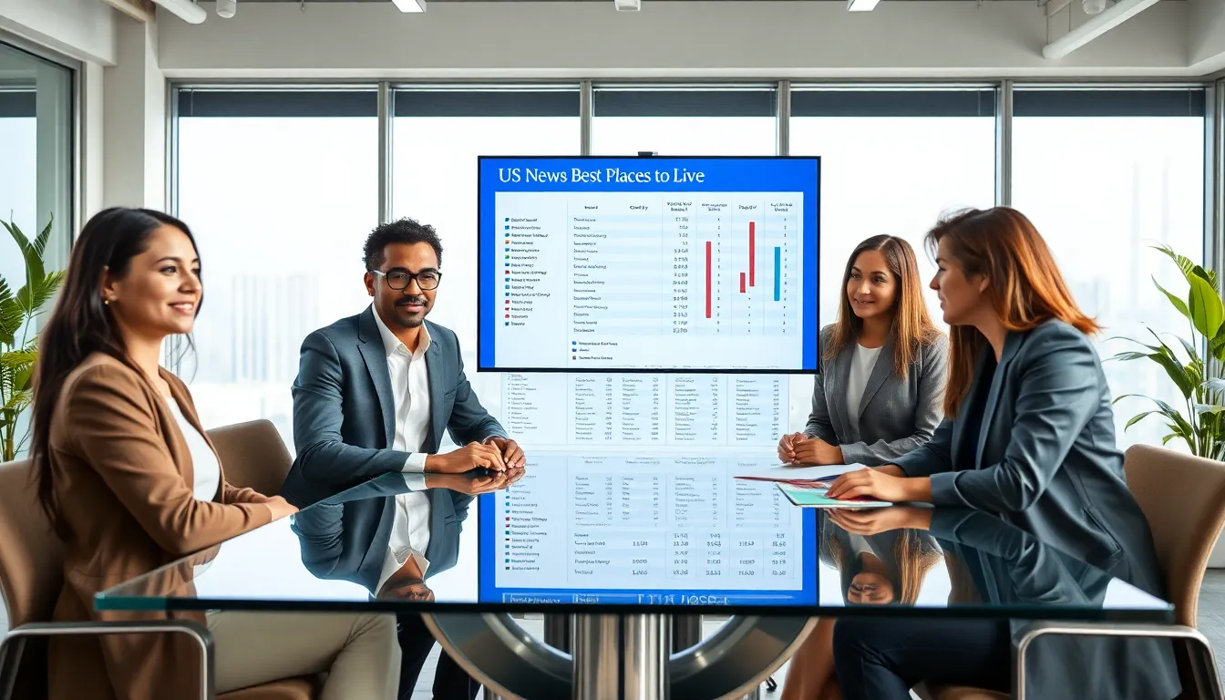 diverse professionals discussing city rankings in a modern office.