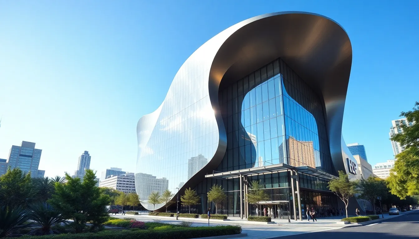 dynamic expressionist architecture in an urban setting.