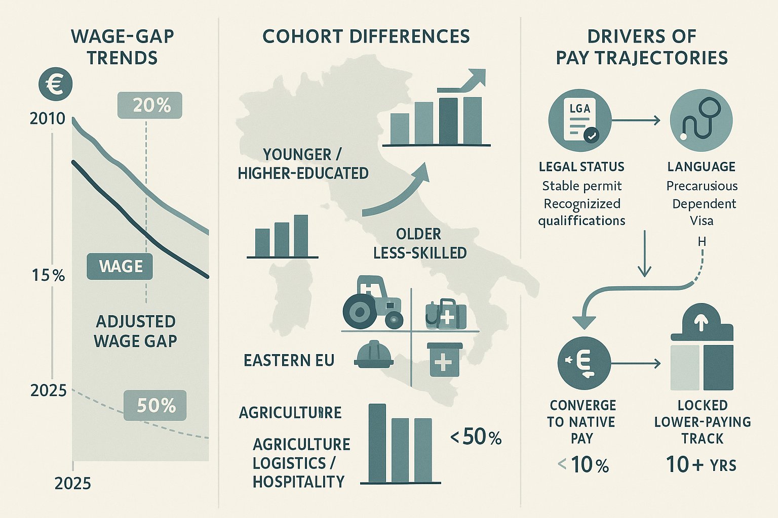 Infografica che mostra le tendenze del divario salariale e i fattori determinanti per i lavoratori stranieri in Italia.